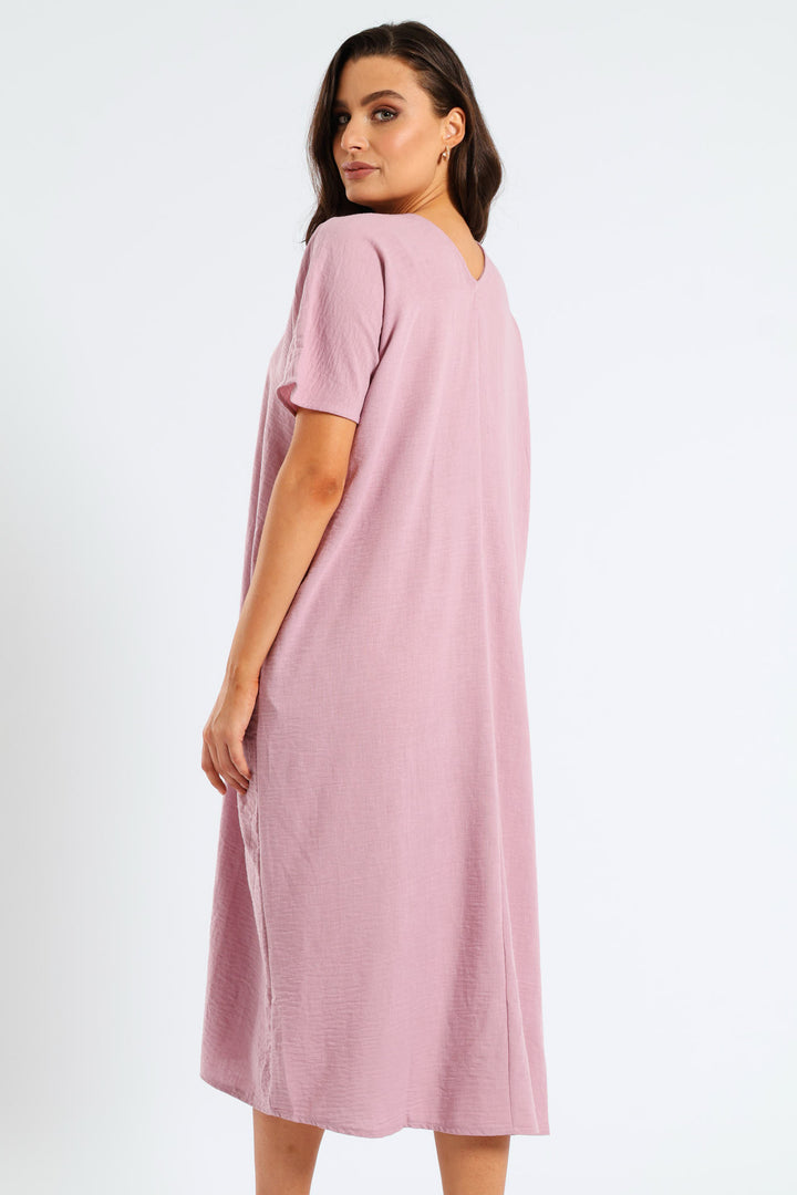 V-Neck Pleated Front Kaftan Midi Dress - Mauve