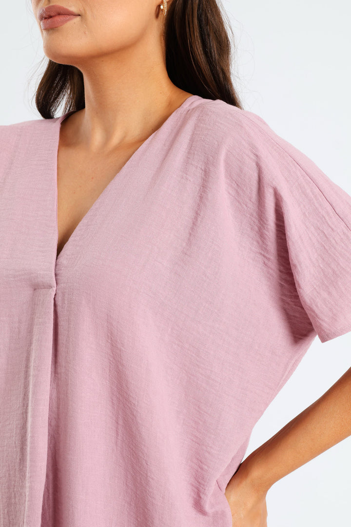 V-Neck Pleated Front Kaftan Midi Dress - Mauve