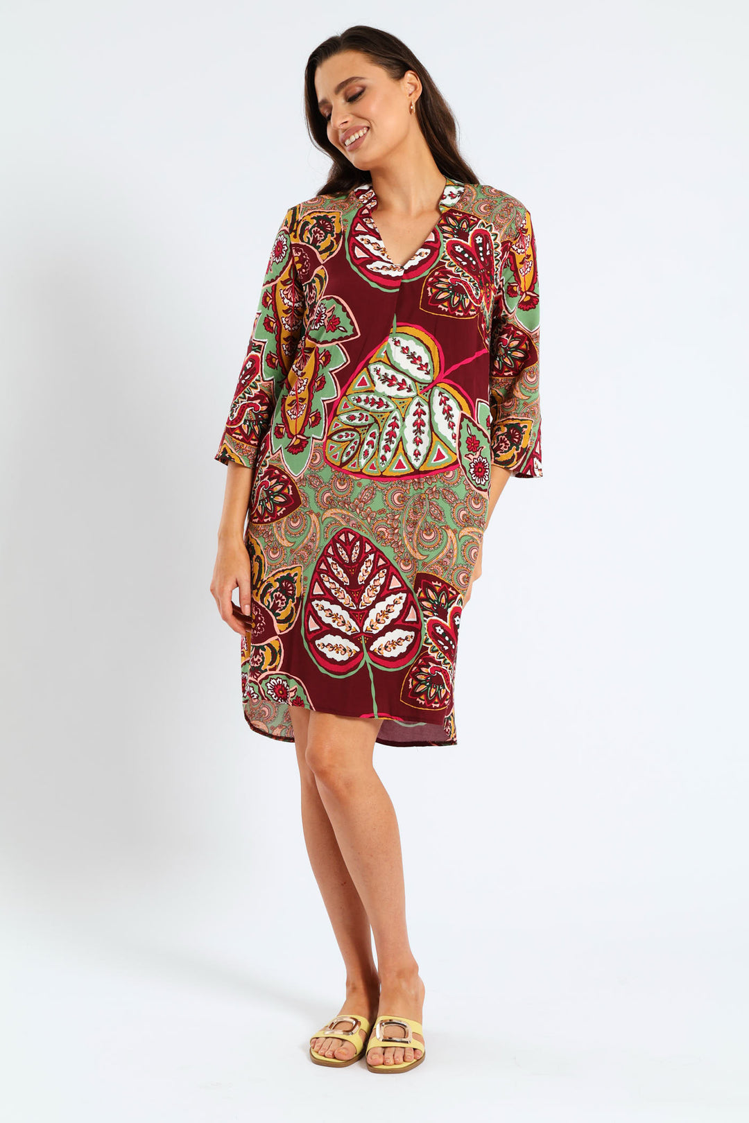 Mandarin Collar Pleat Front Printed Shift Dress - Multi