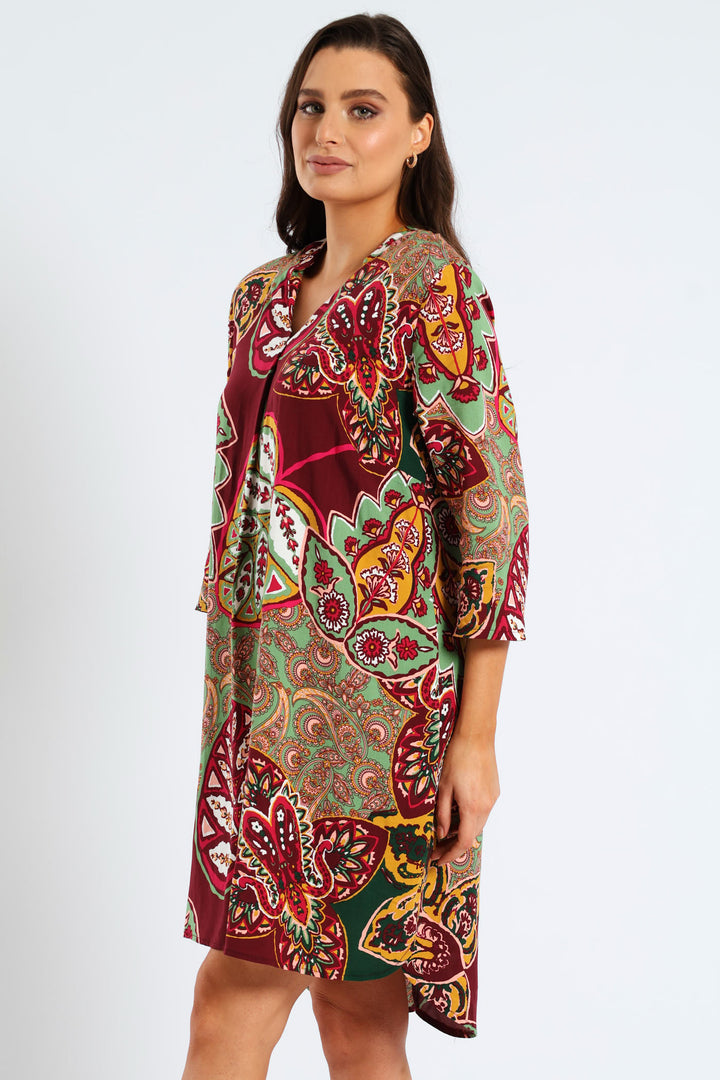 Mandarin Collar Pleat Front Printed Shift Dress - Multi
