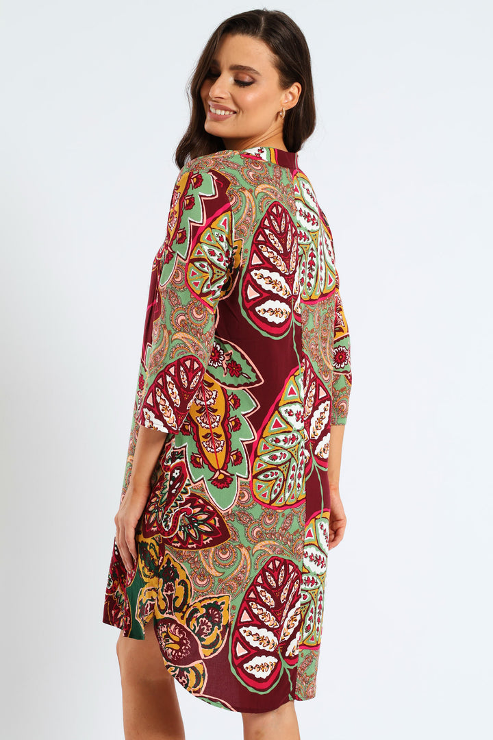 Mandarin Collar Pleat Front Printed Shift Dress - Multi