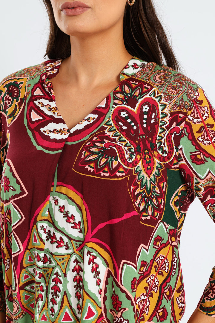 Mandarin Collar Pleat Front Printed Shift Dress - Multi