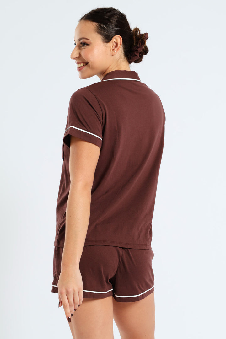 Short Sleeve Button Through Knit Short Set With Scrunchie - Brown
