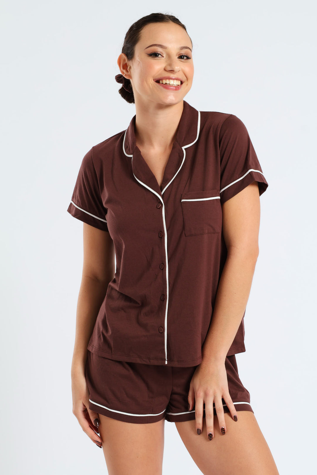 Short Sleeve Button Through Knit Short Set With Scrunchie - Brown