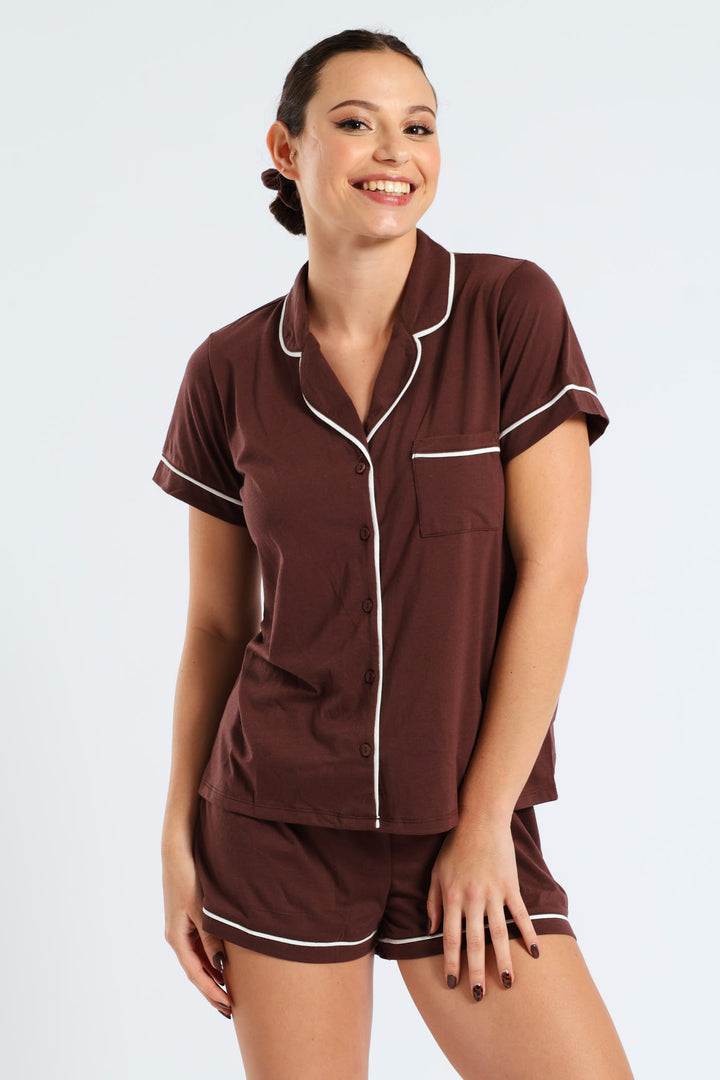 Short Sleeve Button Through Knit Short Set With Scrunchie - Brown
