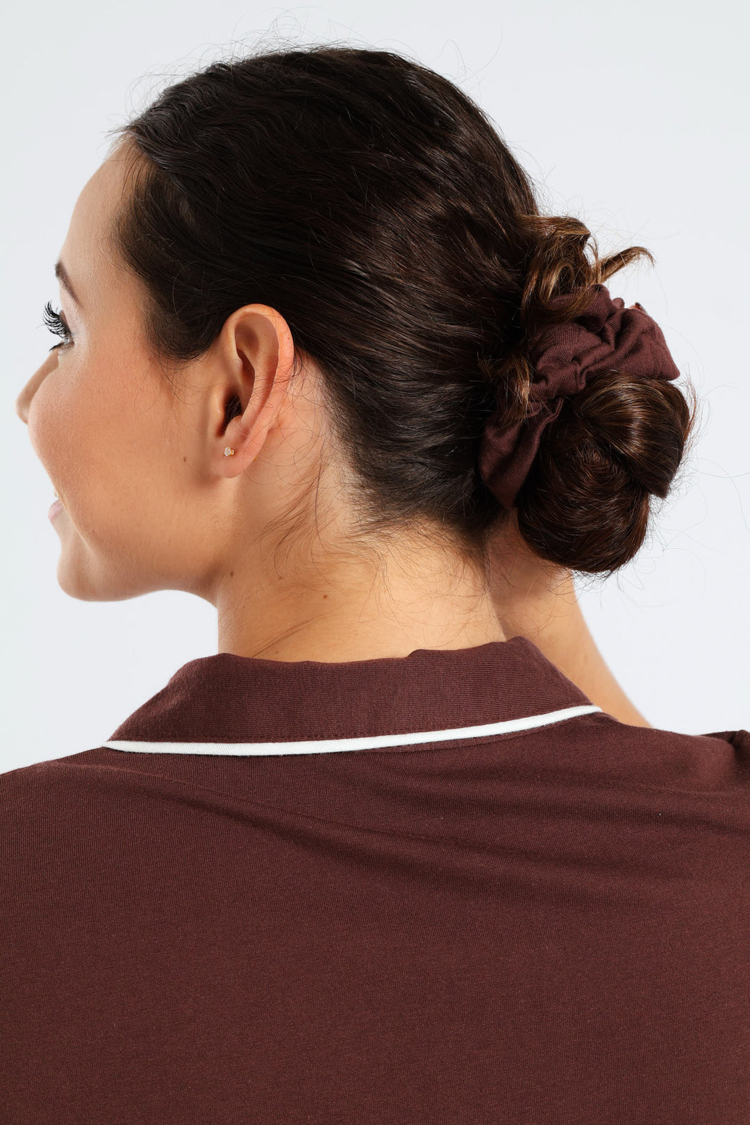 Short Sleeve Button Through Knit Short Set With Scrunchie - Brown
