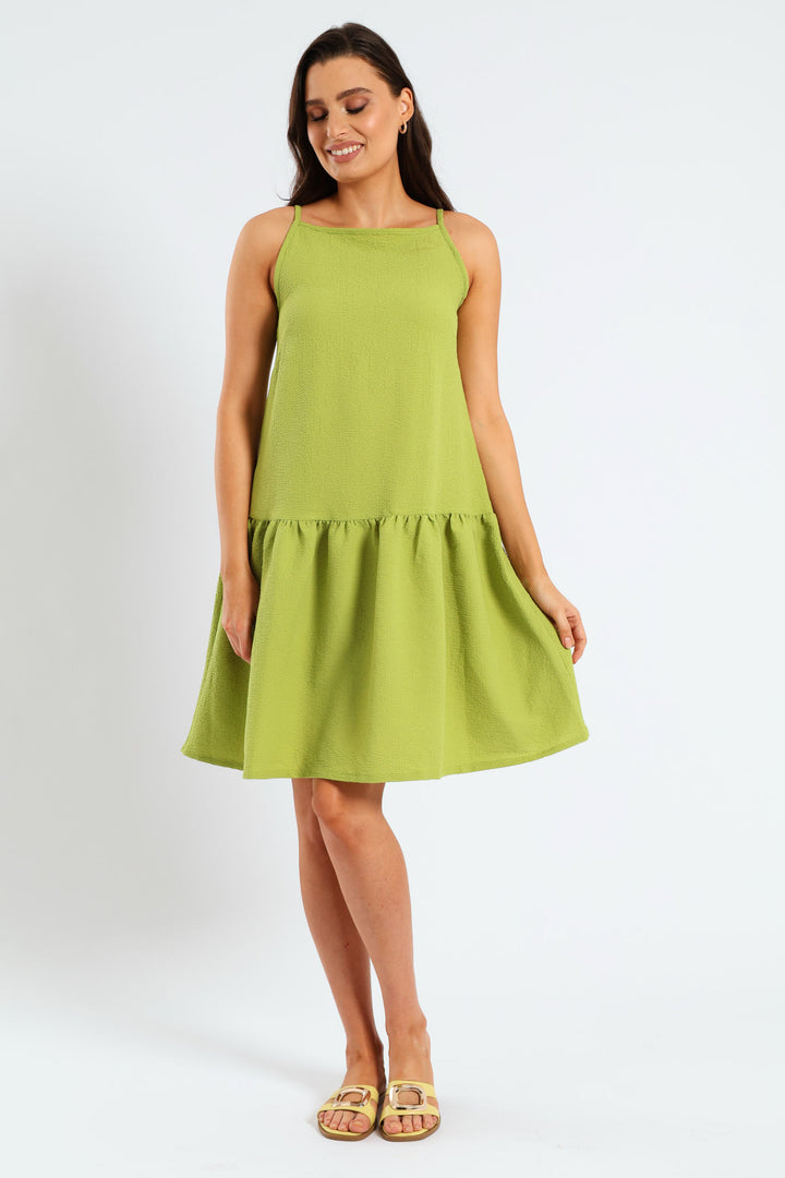 Hi-Neck Drop Waist Mini Dress - Lime