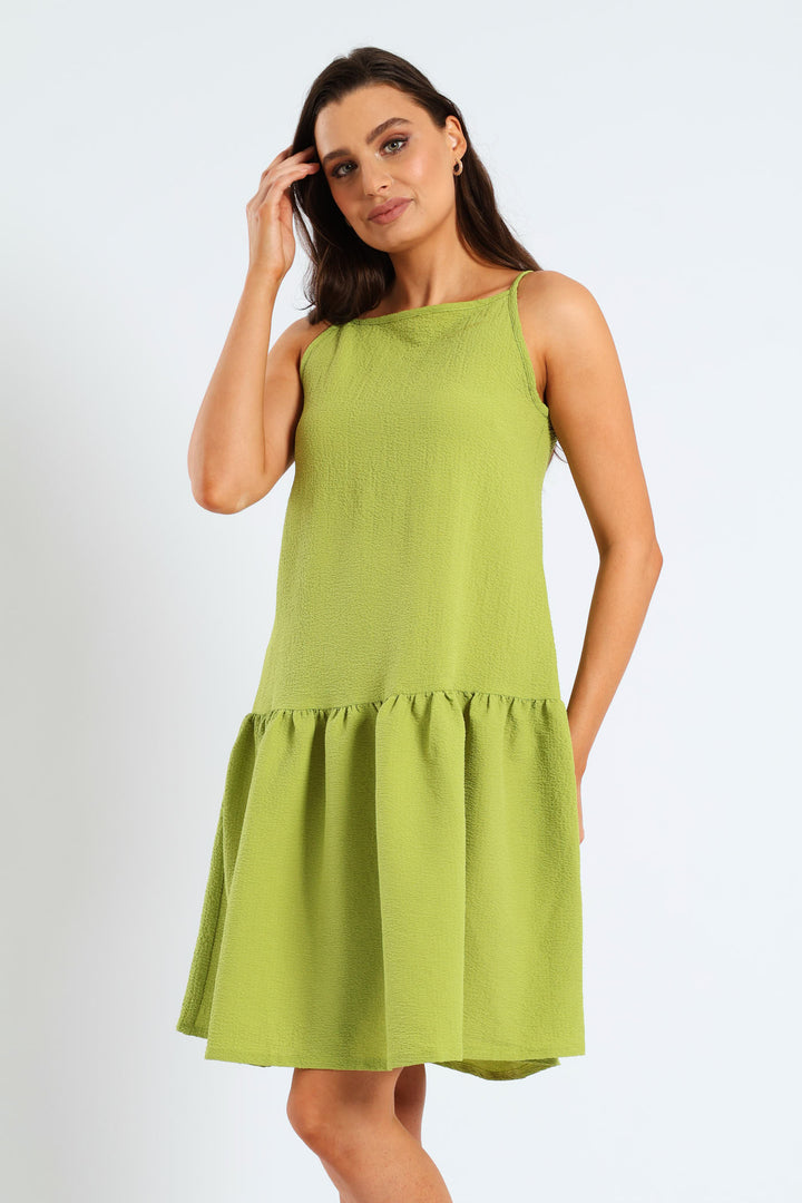 Hi-Neck Drop Waist Mini Dress - Lime
