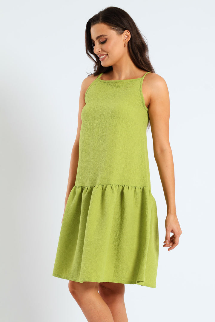 Hi-Neck Drop Waist Mini Dress - Lime