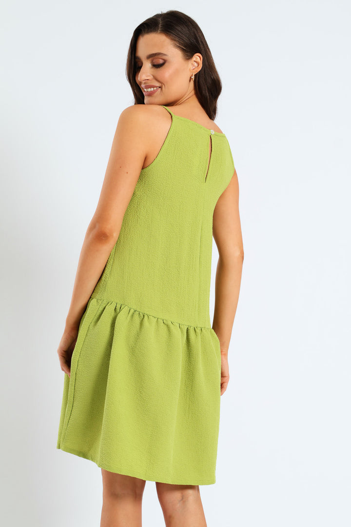 Hi-Neck Drop Waist Mini Dress - Lime