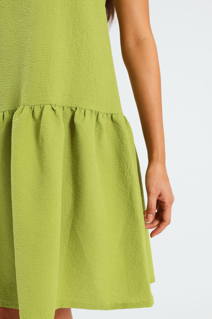 Hi-Neck Drop Waist Mini Dress - Lime