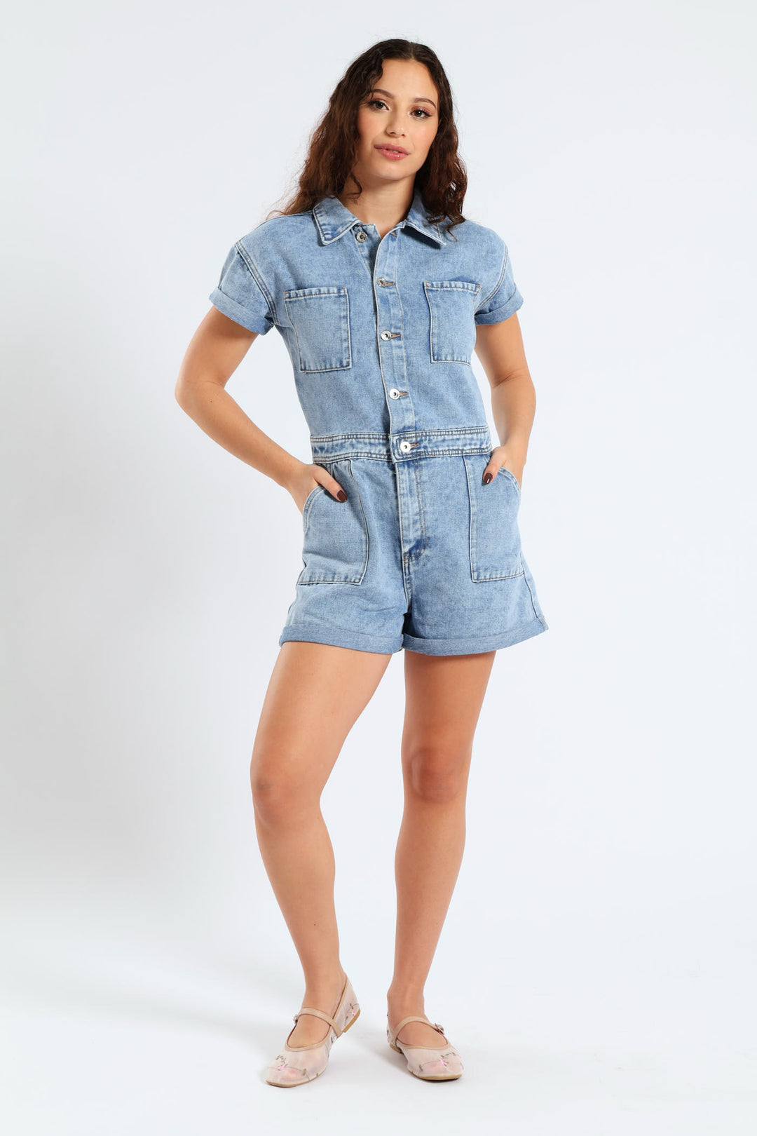 Denim Short Jumpsuit - Mid Blue
