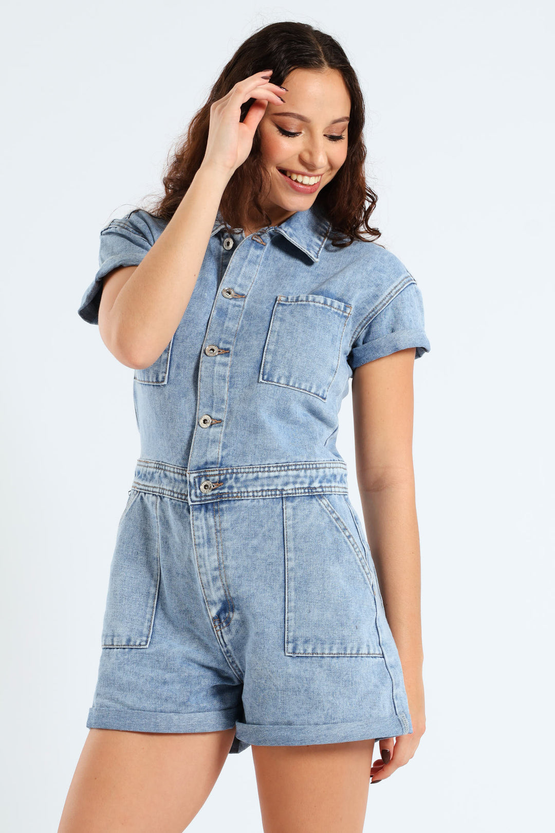 Denim Short Jumpsuit - Mid Blue