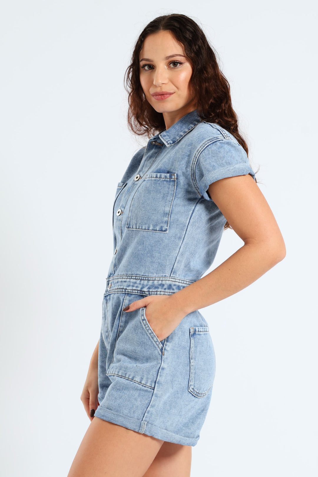 Denim Short Jumpsuit - Mid Blue