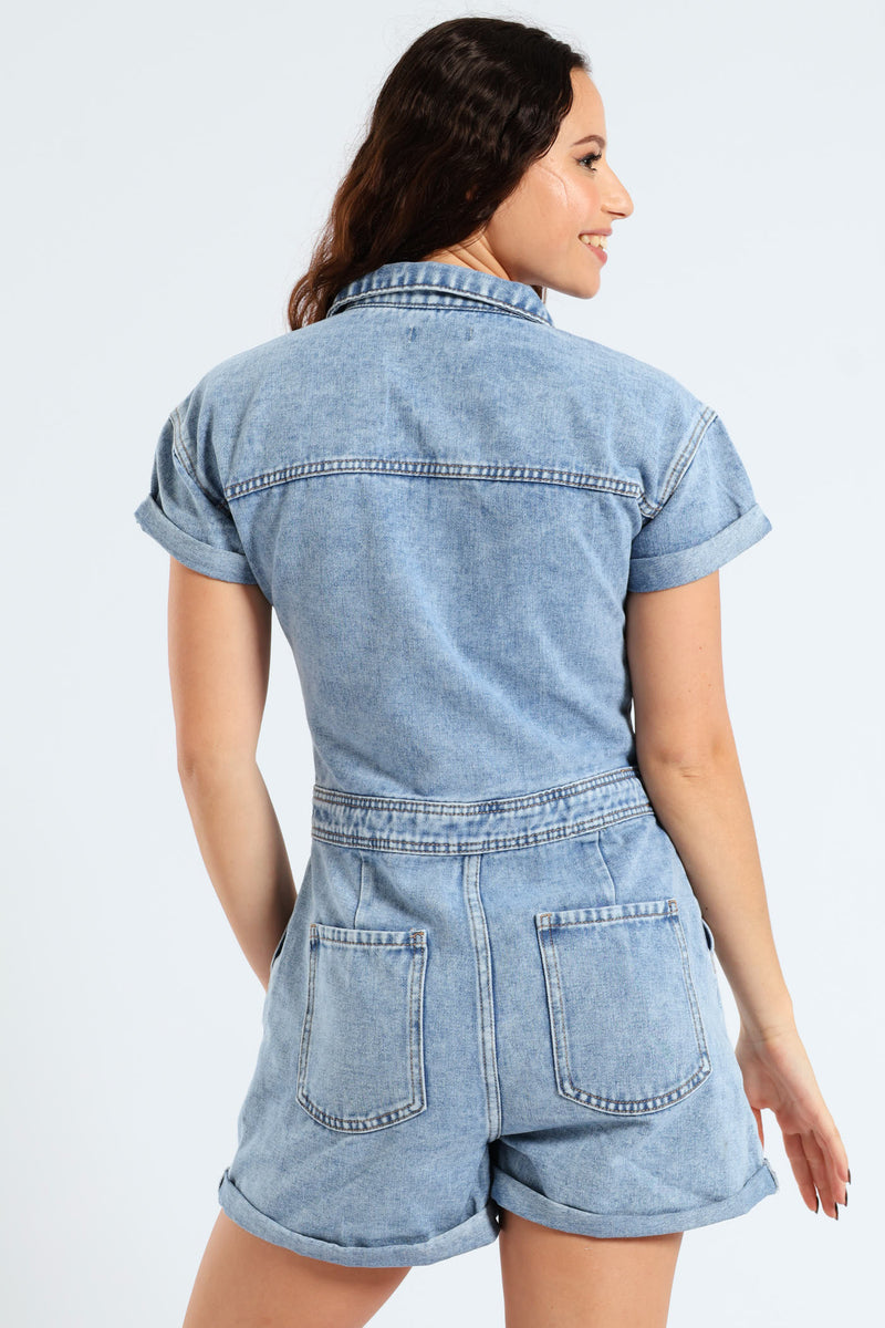 Denim Short Jumpsuit - Mid Blue