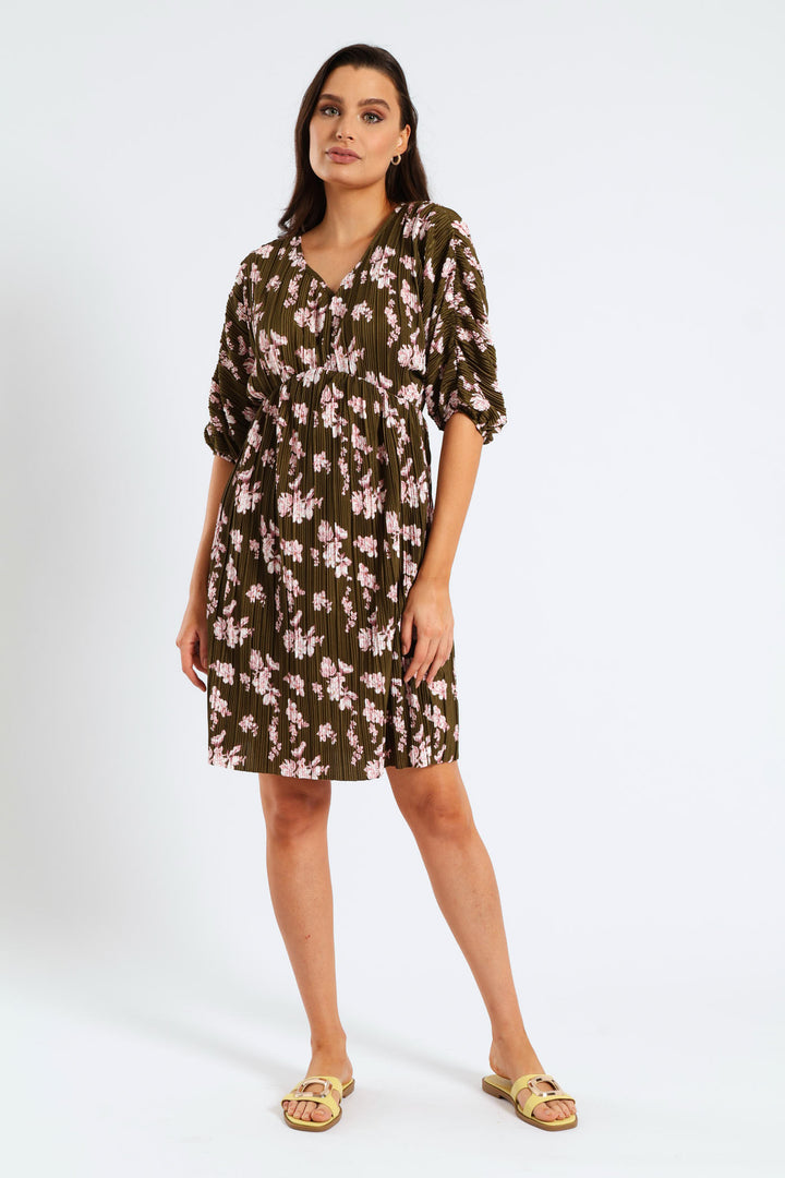 Bubble Sleeve Back Tie Plisse Babydoll Mini Dress