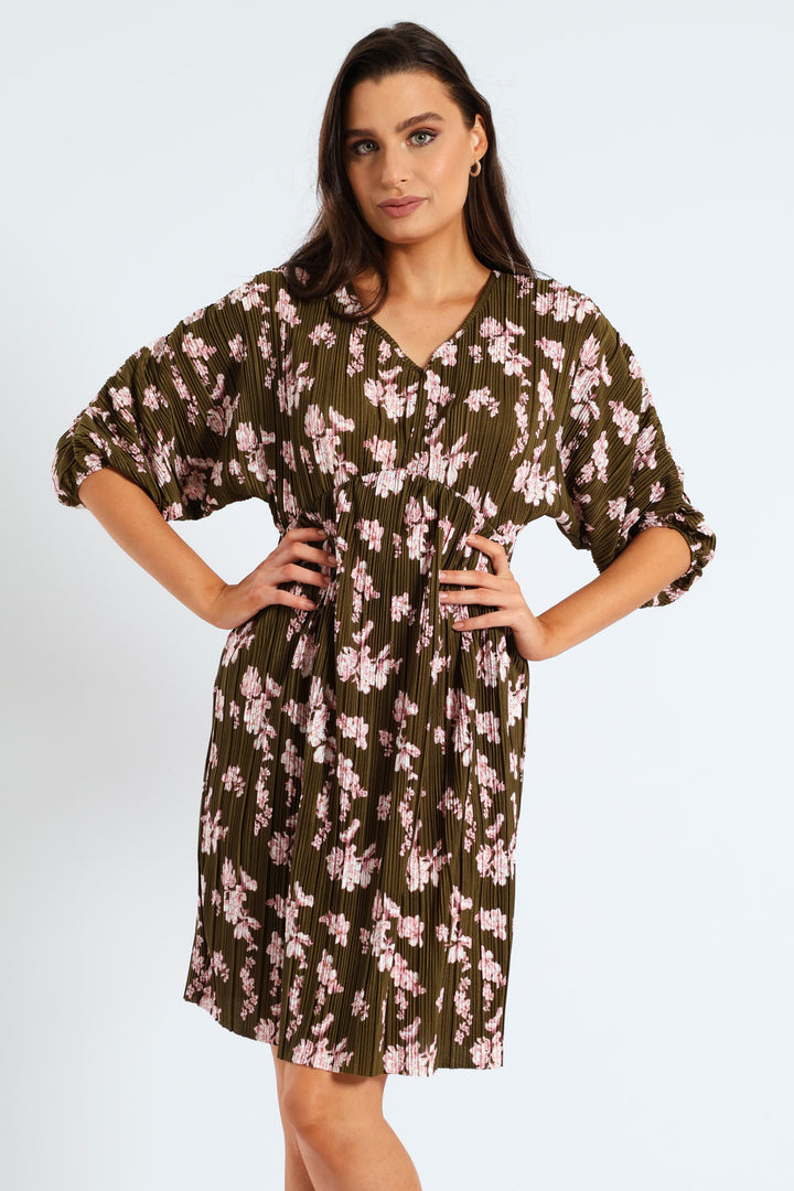 Bubble Sleeve Back Tie Plisse Babydoll Mini Dress