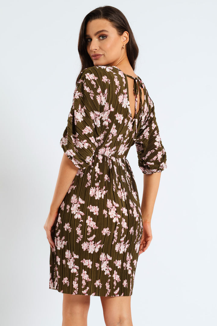 Bubble Sleeve Back Tie Plisse Babydoll Mini Dress