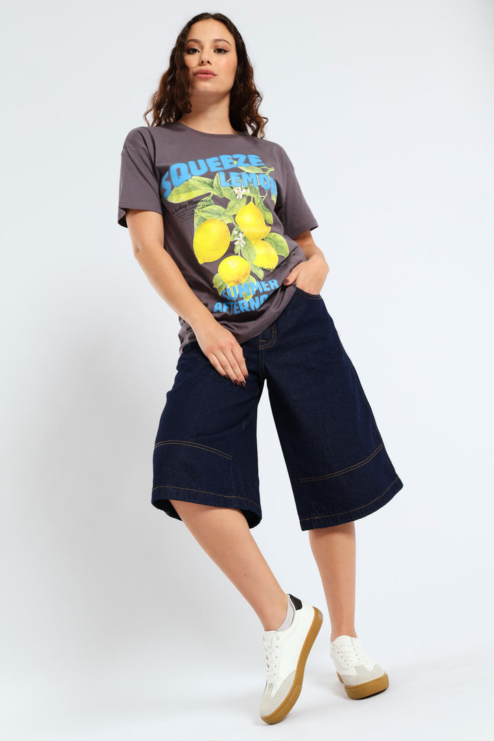 Lemon Oversized Printed Tee - Grey