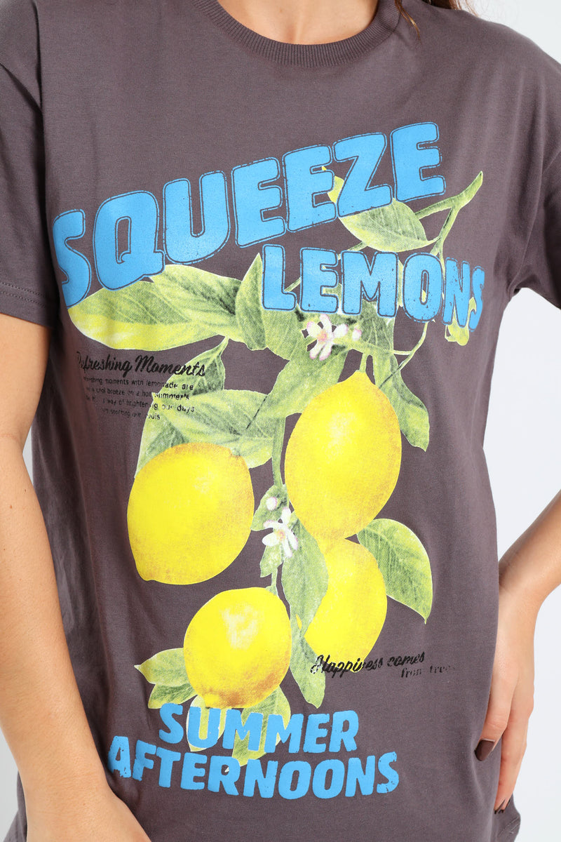 Lemon Oversized Printed Tee - Grey