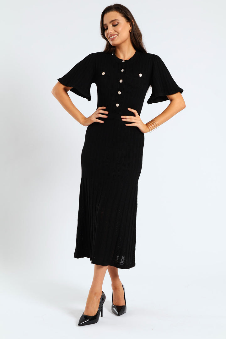Pointelle Flared Knitwear Maxi Dress - Black