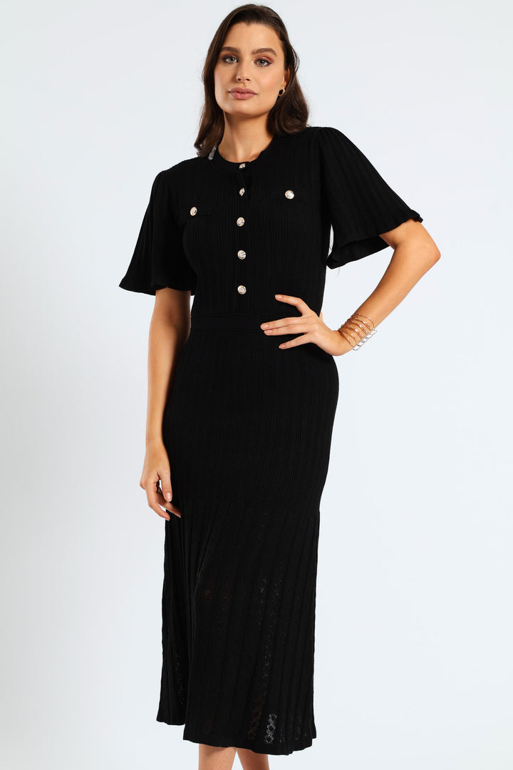 Pointelle Flared Knitwear Maxi Dress - Black