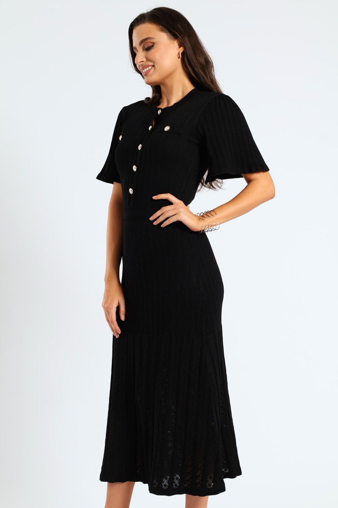 Pointelle Flared Knitwear Maxi Dress - Black