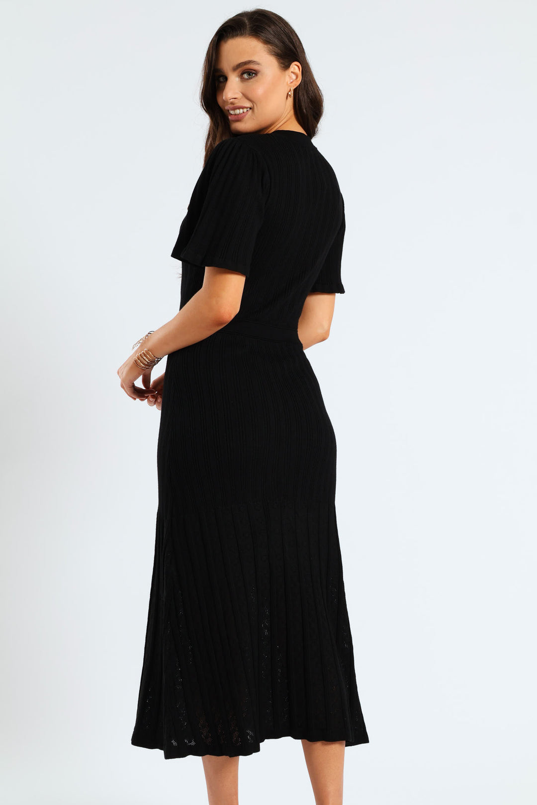 Pointelle Flared Knitwear Maxi Dress - Black