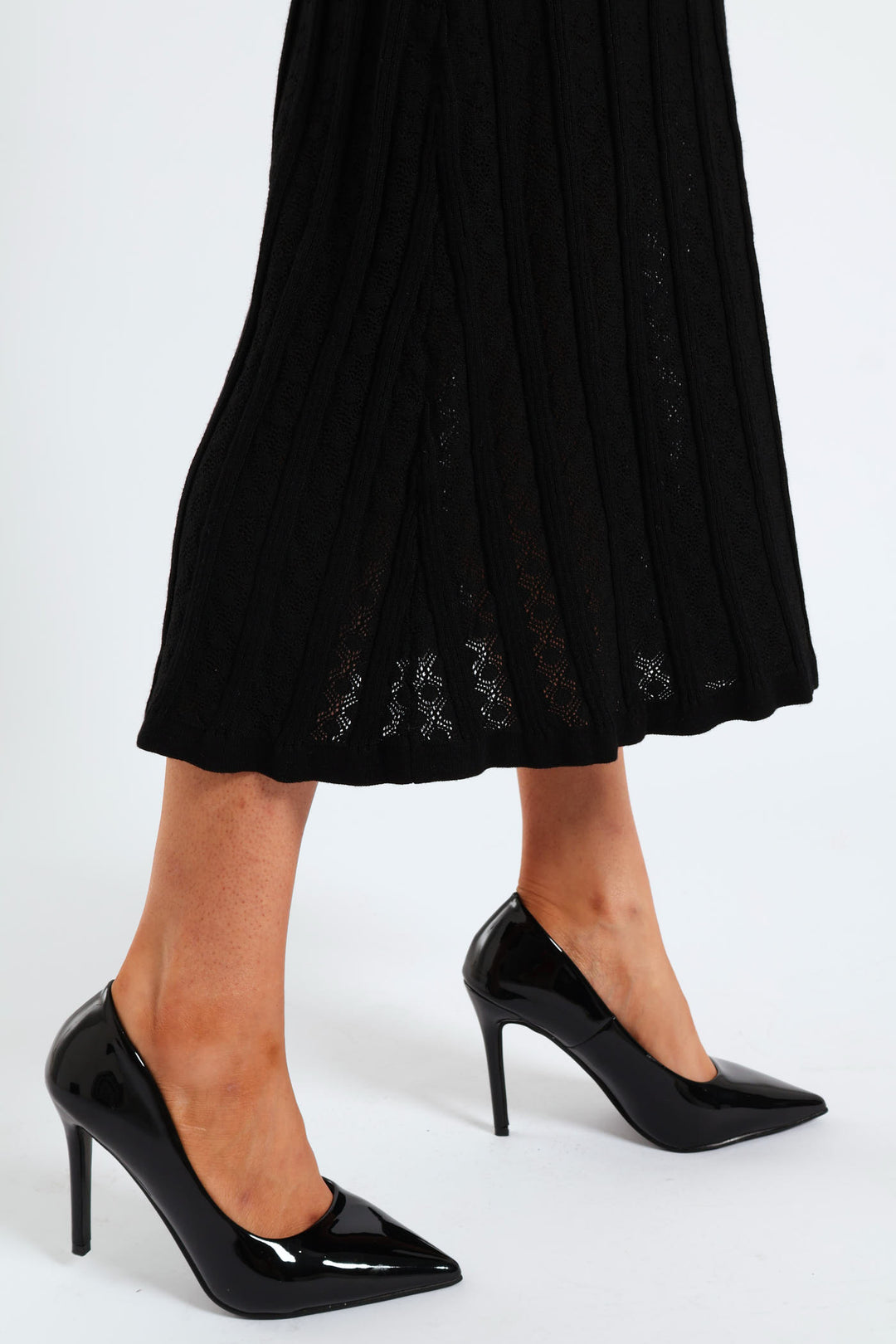 Pointelle Flared Knitwear Maxi Dress - Black