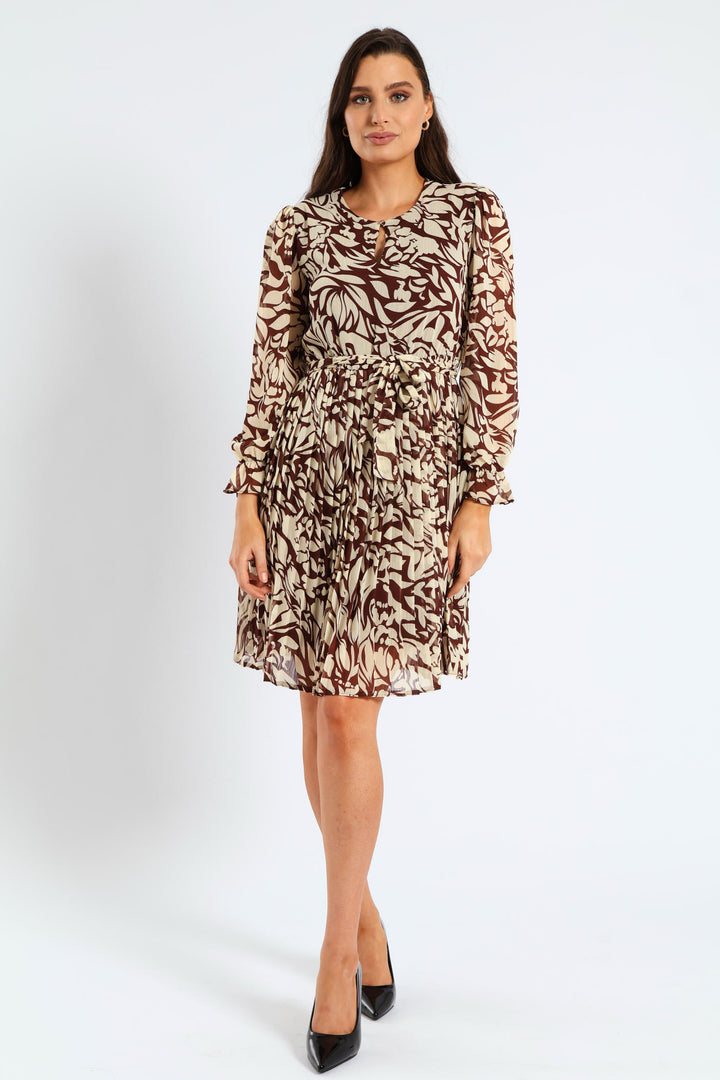 Monomchrome Pleated Keyhole Tea Dress - Bitter Chocolate