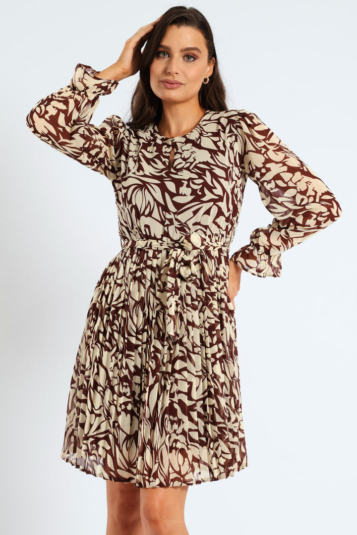 Monomchrome Pleated Keyhole Tea Dress - Bitter Chocolate