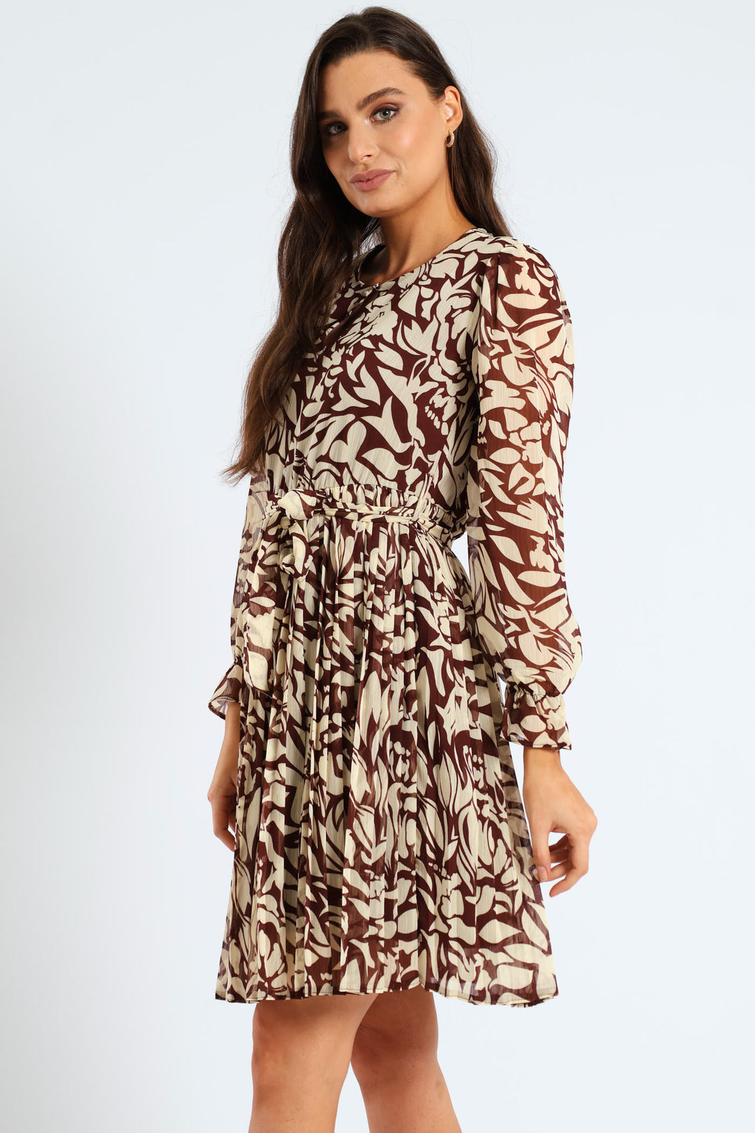 Monomchrome Pleated Keyhole Tea Dress - Bitter Chocolate