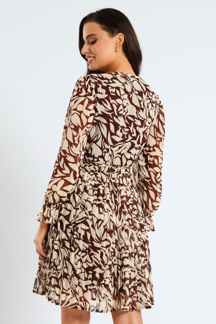 Monomchrome Pleated Keyhole Tea Dress - Bitter Chocolate