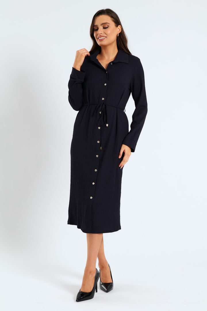 Belted Crinkle Midi Shirt Dress - Navy