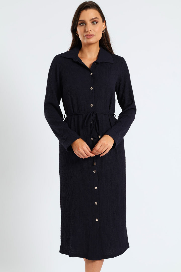 Belted Crinkle Midi Shirt Dress - Navy