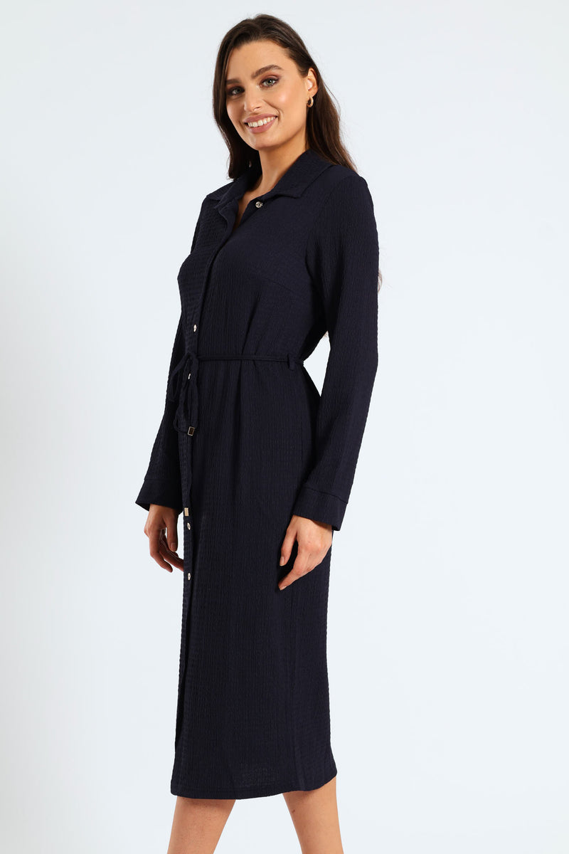 Belted Crinkle Midi Shirt Dress - Navy