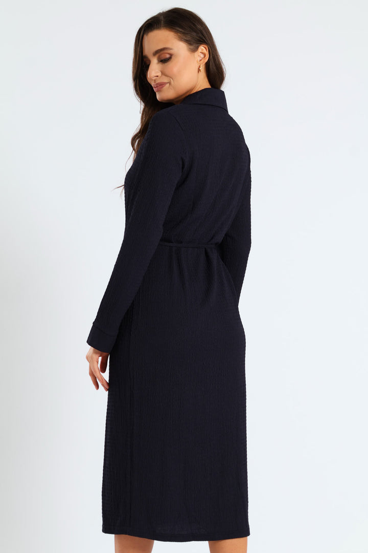 Belted Crinkle Midi Shirt Dress - Navy
