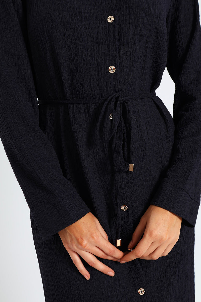 Belted Crinkle Midi Shirt Dress - Navy