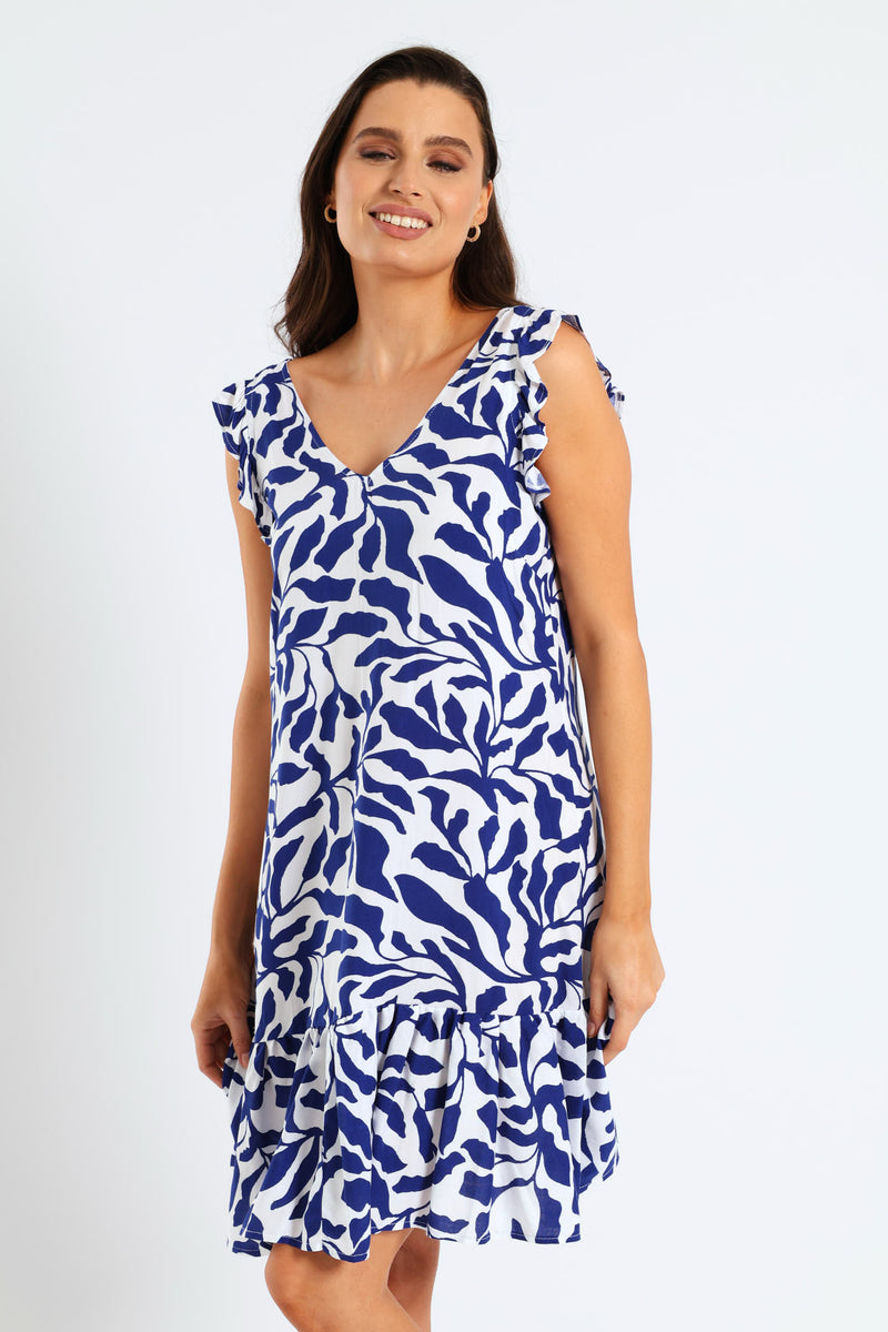 V-Neck Frill Sleeve Drop Hem Tie Detail Printed Mini Dress - Navy/White