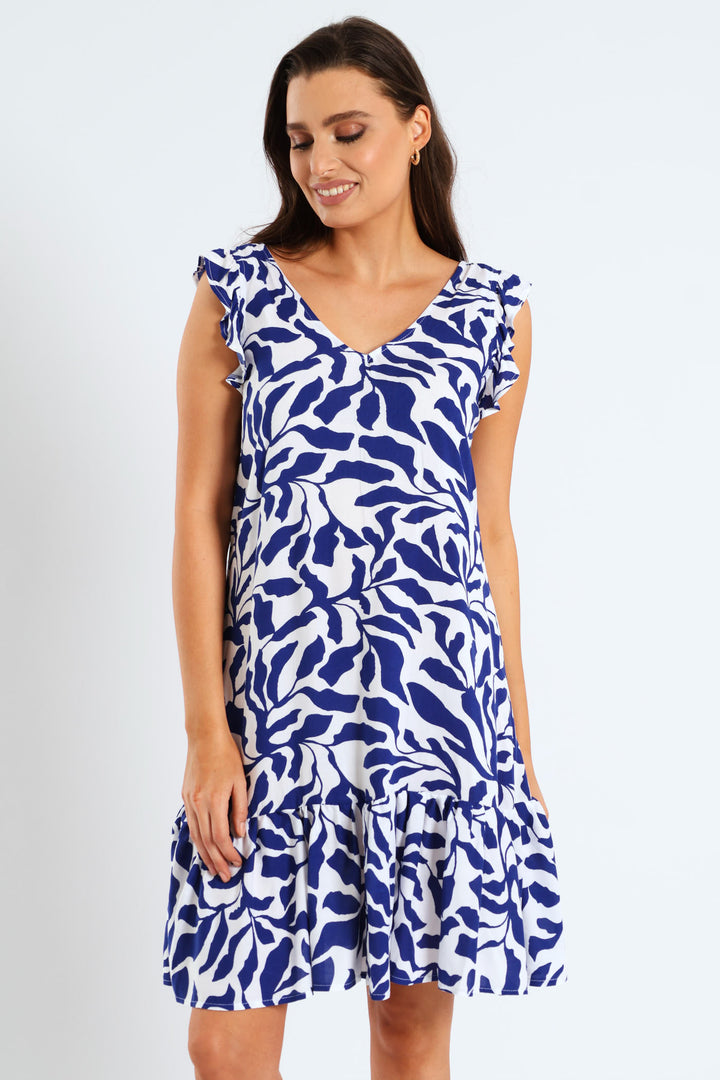 V-Neck Frill Sleeve Drop Hem Tie Detail Printed Mini Dress - Navy/White