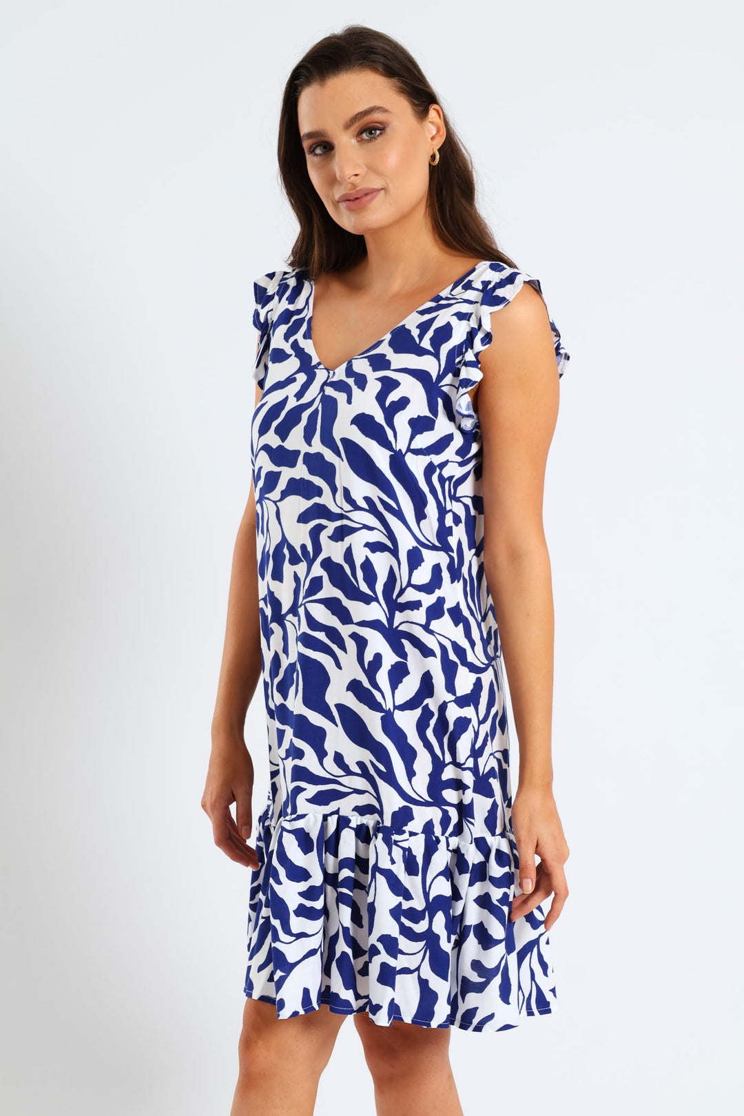 V-Neck Frill Sleeve Drop Hem Tie Detail Printed Mini Dress - Navy/White