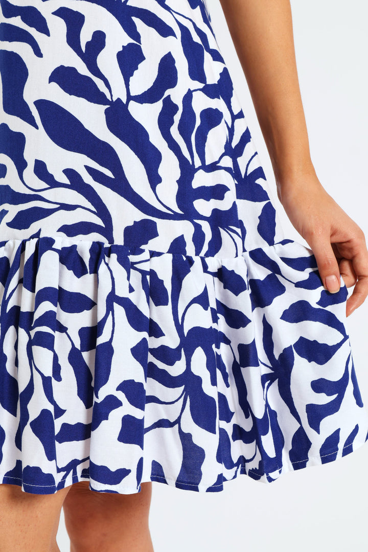V-Neck Frill Sleeve Drop Hem Tie Detail Printed Mini Dress - Navy/White