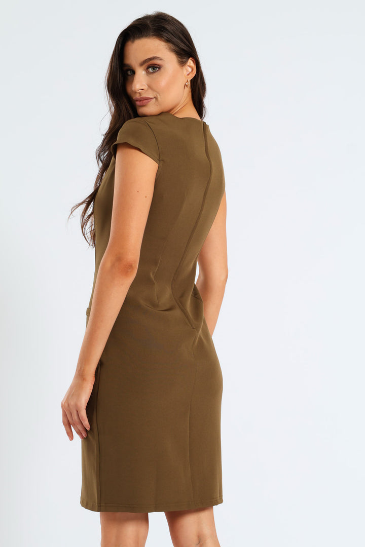 Cap Sleeve Work Pencil Dress - Brown