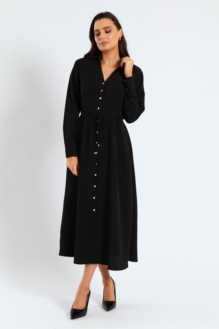 Darted Waisted Midi Shirt Dress - Black