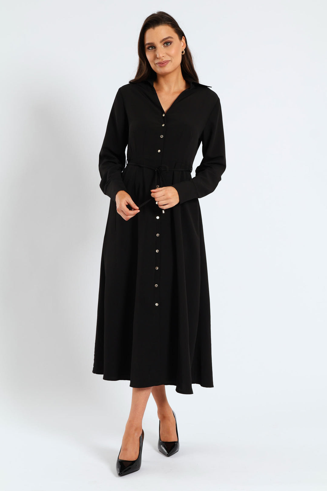 Darted Waisted Midi Shirt Dress - Black