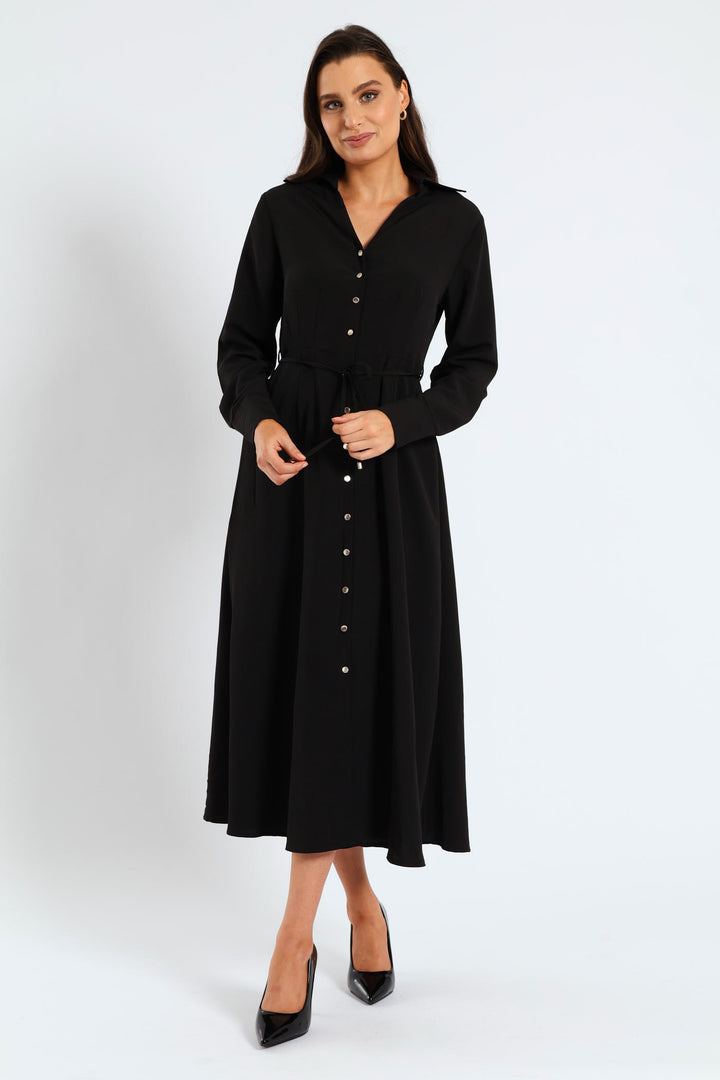 Darted Waisted Midi Shirt Dress - Black