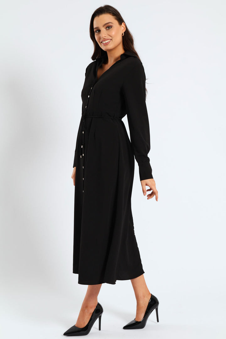 Darted Waisted Midi Shirt Dress - Black