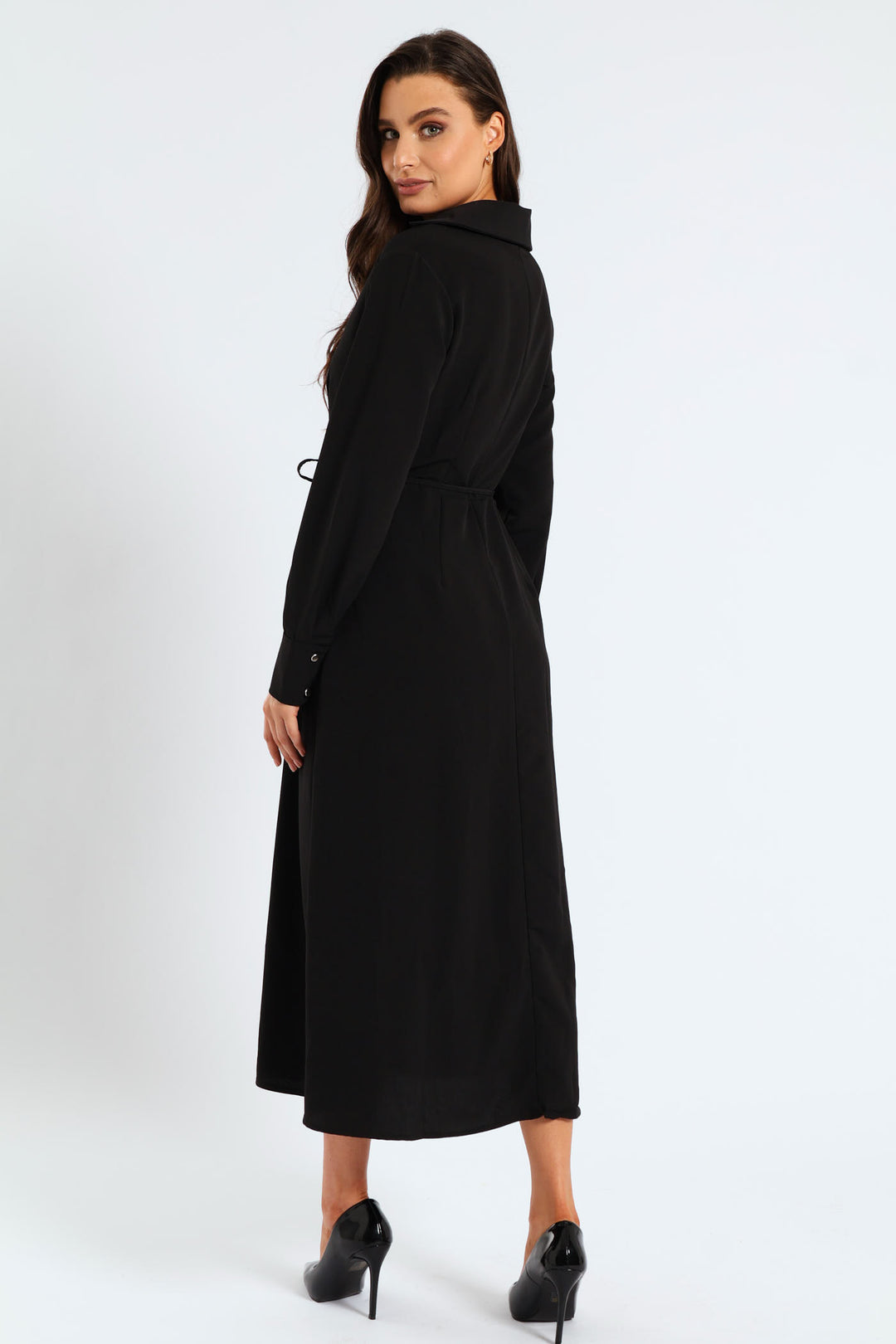 Darted Waisted Midi Shirt Dress - Black