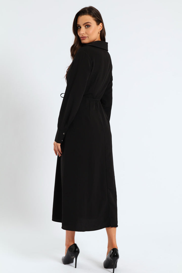 Darted Waisted Midi Shirt Dress - Black