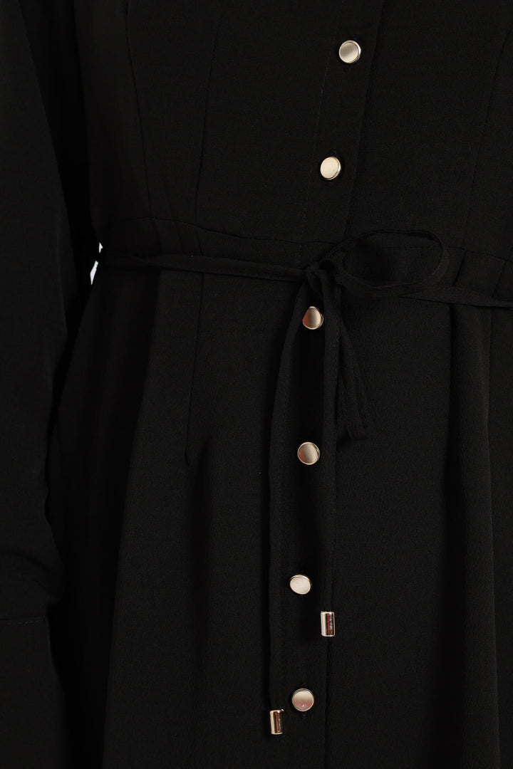 Darted Waisted Midi Shirt Dress - Black
